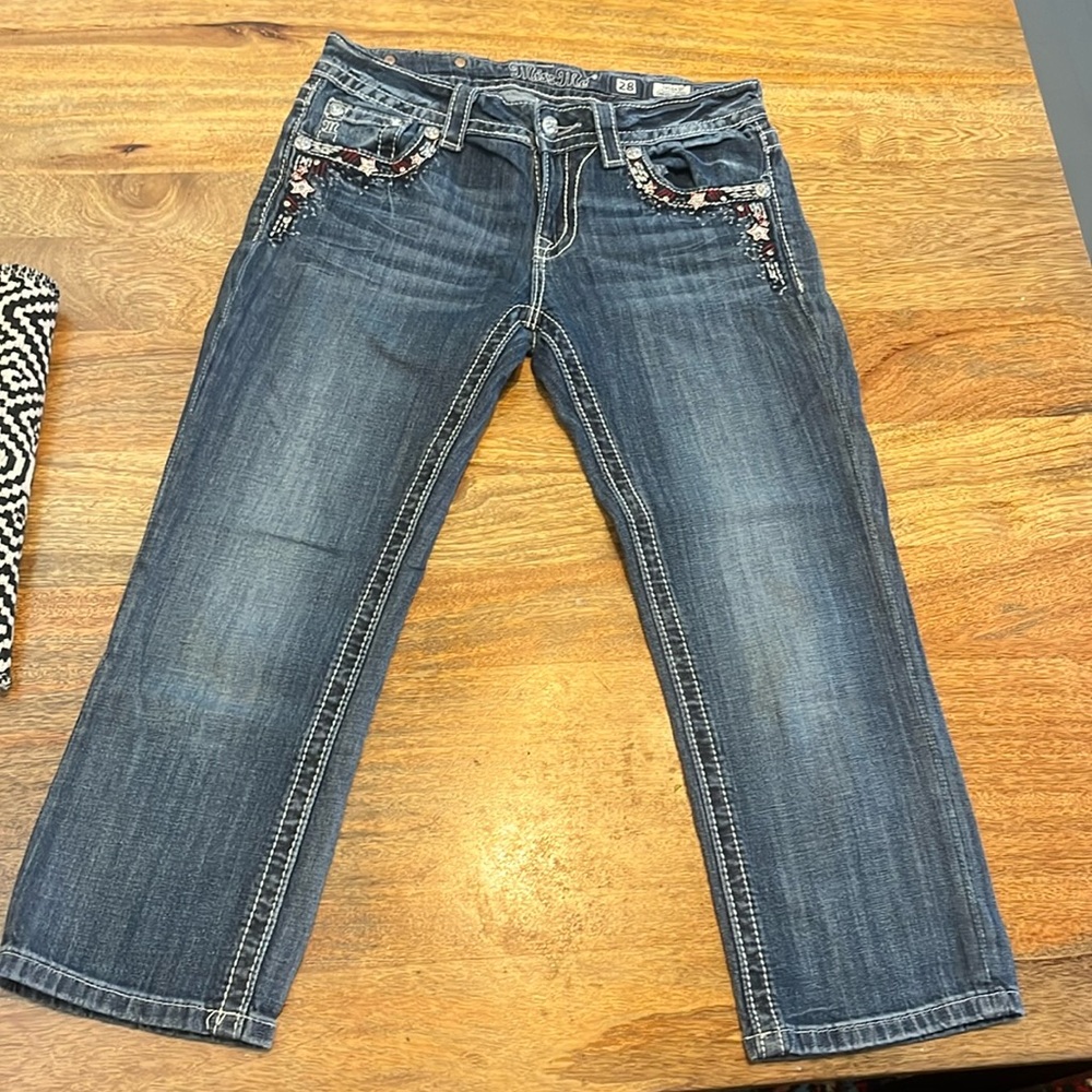 Miss Me Denim Capri Jeans with red white and blue accents. Size 28. - Picture 2 of 8
